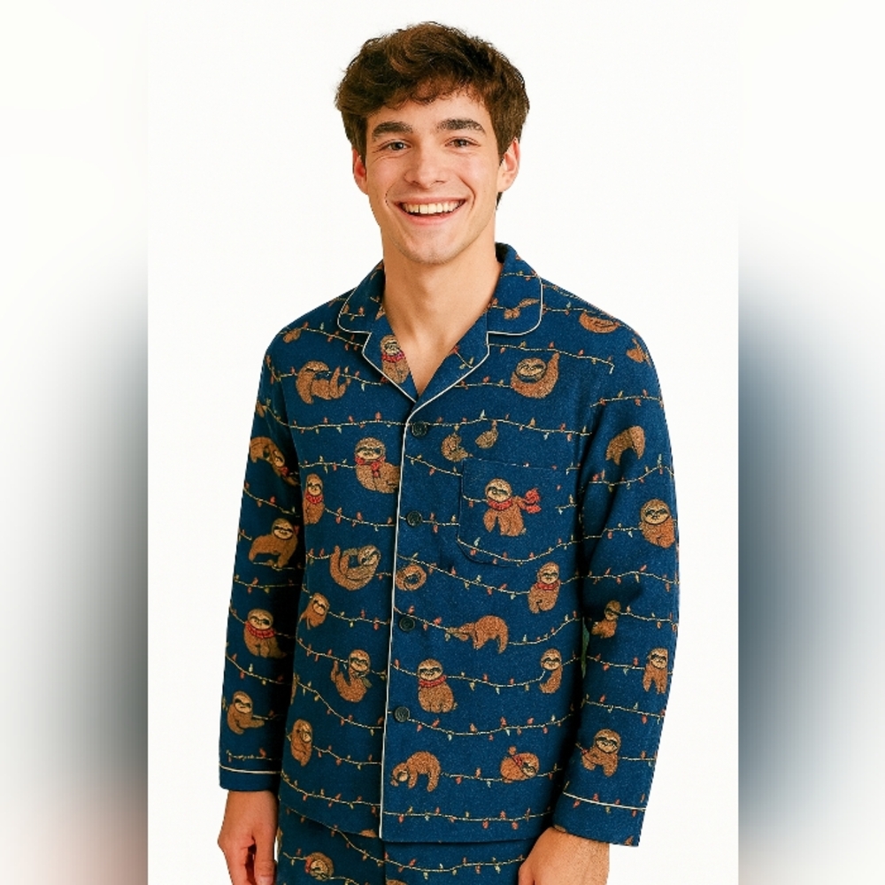 EUC Men's Old Navy Cotton Sloth Print Button-Up Blue Pajama Shirt, Size Large